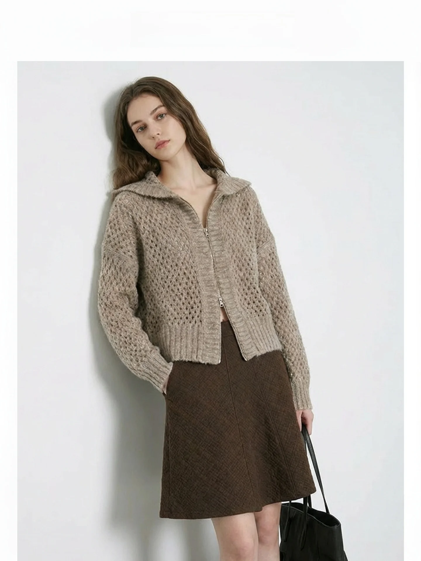 

Ele Heavyweight Hollow out Hooded Knitted Cardigan Women's Lazy Zipper Camere Sweater Outerwear Soft Winter Long Sve