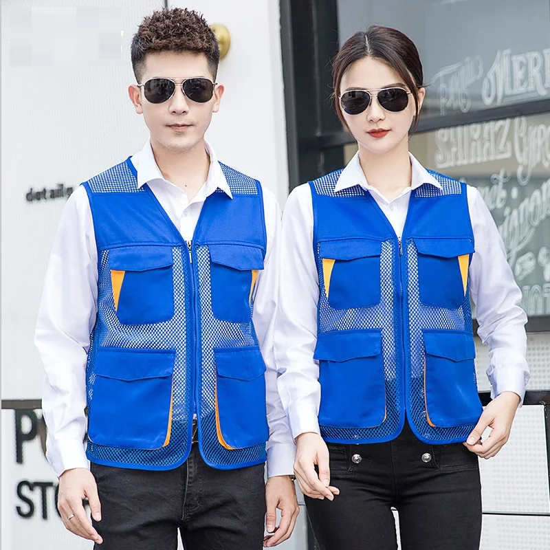 Men's Custom Design Logo Mesh Vest Printed Logo Casual Sleeveless Vest Multi Pockets Work Clothes Uniform Jacket Tops 6 Colors