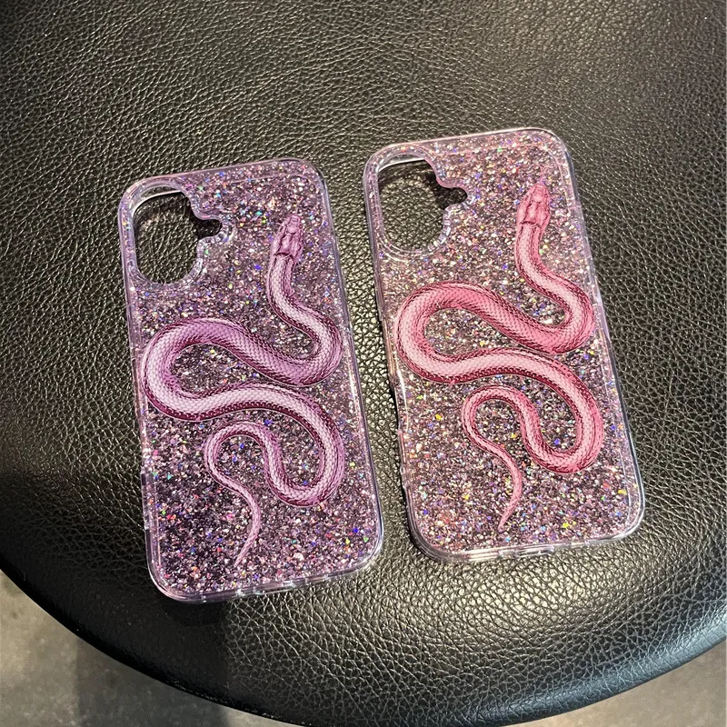 Snake Serpent Starry Glitter Pink Purple Phone Case for iPhone 13 14 15 16 Pro Max 16pro 15pro 14pro Transparent flash Cover