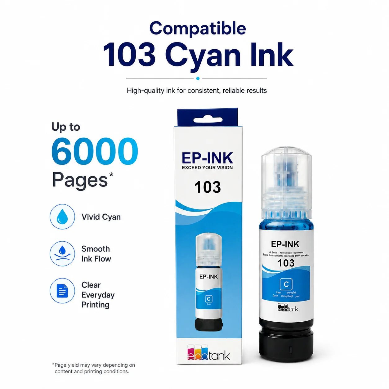 

EP-INK 103 Cyan Ink Bottle 65ml Compatible for Epson EcoTank Printers High Yield 6000 Pages