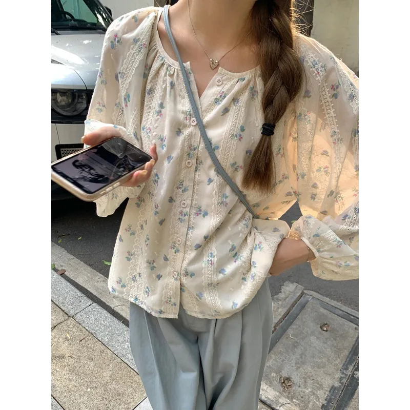 Fresh Floral Long-sleeved Shirt Female Korean Loose Thin Round Neck Sweet Girl Kawaii Y2k Top Temperament Commuter Women Clothes