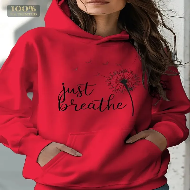 Otoño Invierno sudadera mujer talla grande ropa femenina de gran tamaño Just Breathe negro arte texto gráfico flor manga larga comodidad