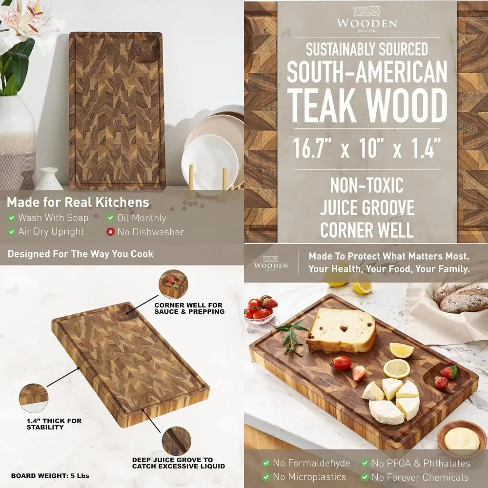 

Large Teak Butcher Block with Juice Groove & Corner Well - Thick, Food-Safe, Charcuterie Board, Gift-Ready, 16.7 x 10 x 1.4 inch
