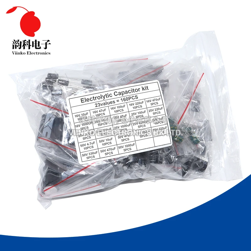 160Pcs 1uF-2200uF 23Values  Aluminum Electrolytic Capacitor Assortment Kit Capacitance 10UF 47UF 220UF 470UF 1000UF 16V 25V 50V