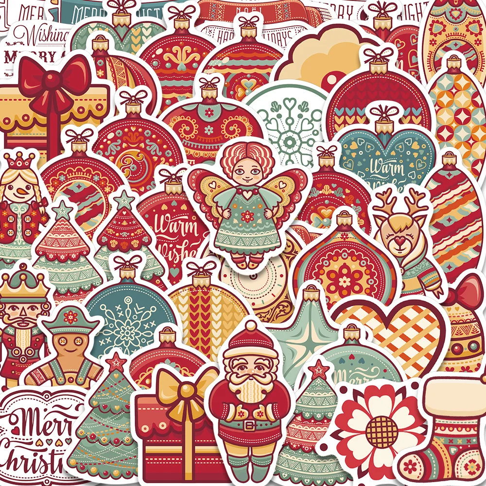 48PCS Russian Style Christmas Stickers Interesting Pattern Colorful Balls Christmas Trees Heart Santa Claus Holiday Gift Sticker