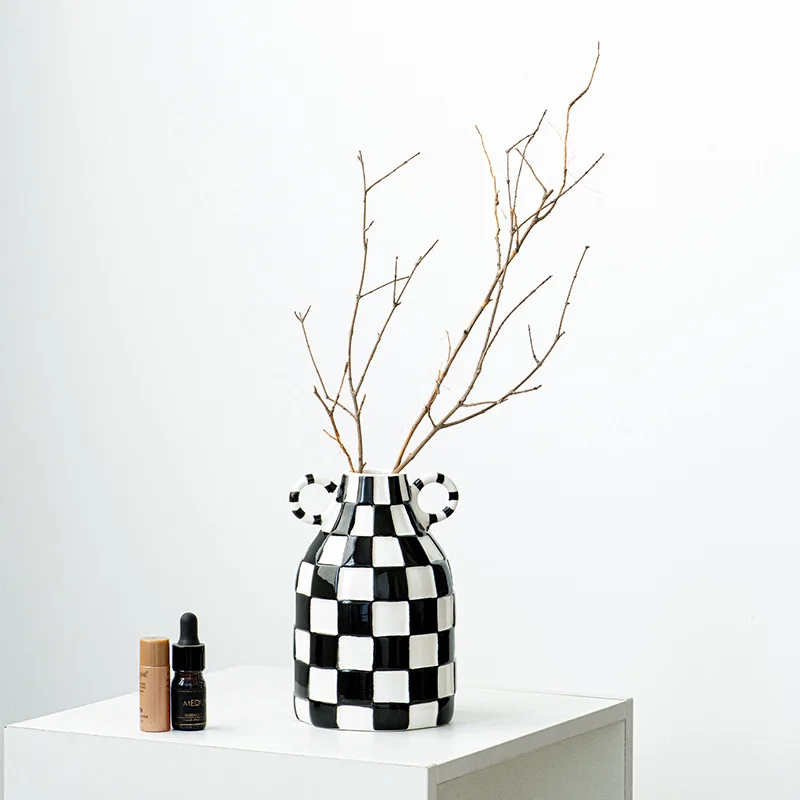 Checkered Vase with Double Ear Handle Ceramic Hand Painted Planter Plant Pot Art Flower Pot Living Room Ornament Home Decor