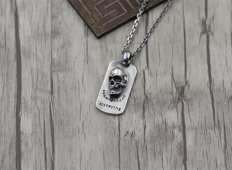 European and American Sterling Silver Skull Pendant Hanging Tag Punk Rock Style Vintage Necklace Thai Silver Dominant Army Tag P