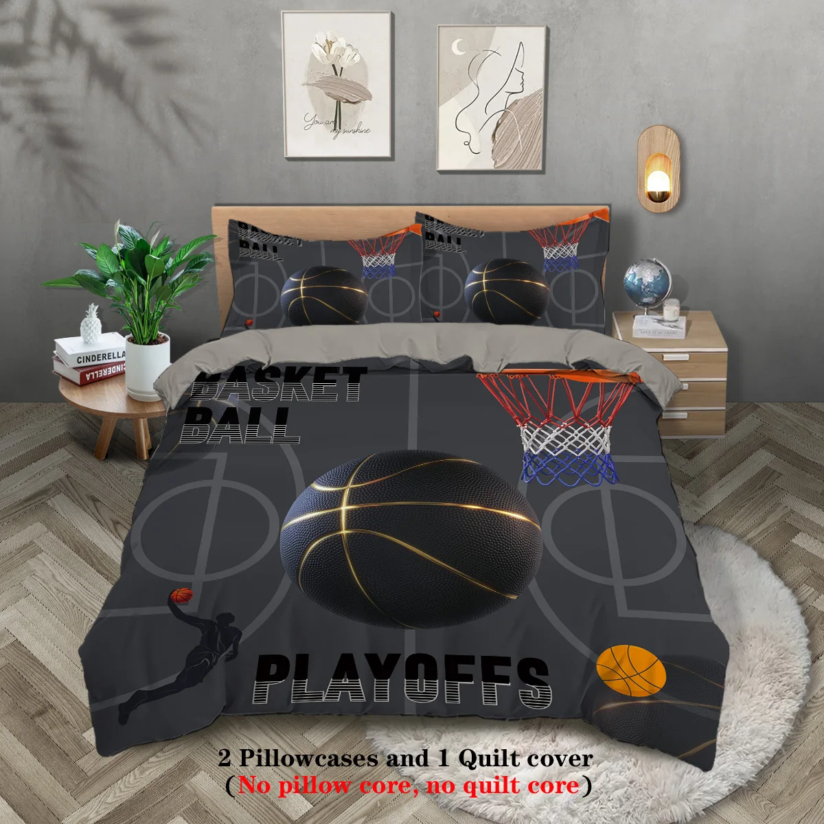 3pcs high-grade gray basketball theme print 1 quilt cover + 2 pillowcases, no filling, skin-friendly, anti-pilling, bedding set