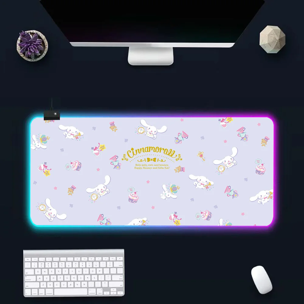 Tapis de souris Sanrios Cinnamoroll RGB PC Gamer, tapis de clavier, sous-souris LED, tapis lumineux, caoutchouc, ordinateur de jeu