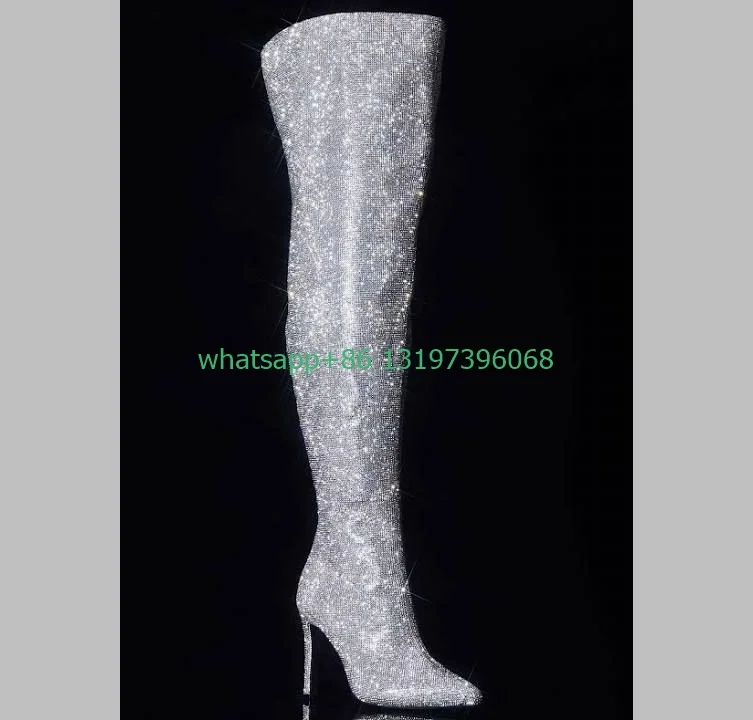 Lady glitter sliver heel party knee boots sexy crystal bling new arrive boots stiletto heel pointed toe dance Gothic style boots