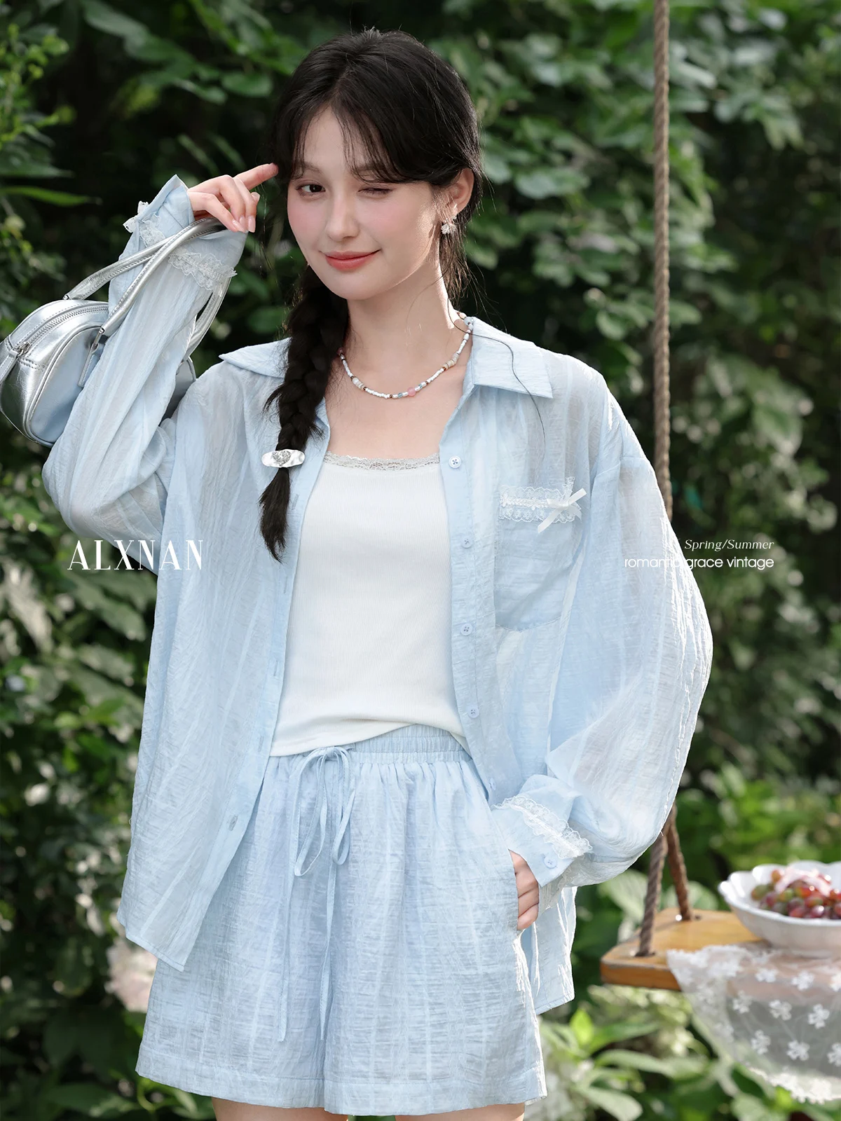 

ALXNAN Light Blue Shirt Thin Sun Protection Loose-fit Long Sleeve Shirt Summer Elegant Holiday Beach Casual Tops Ladies L56650