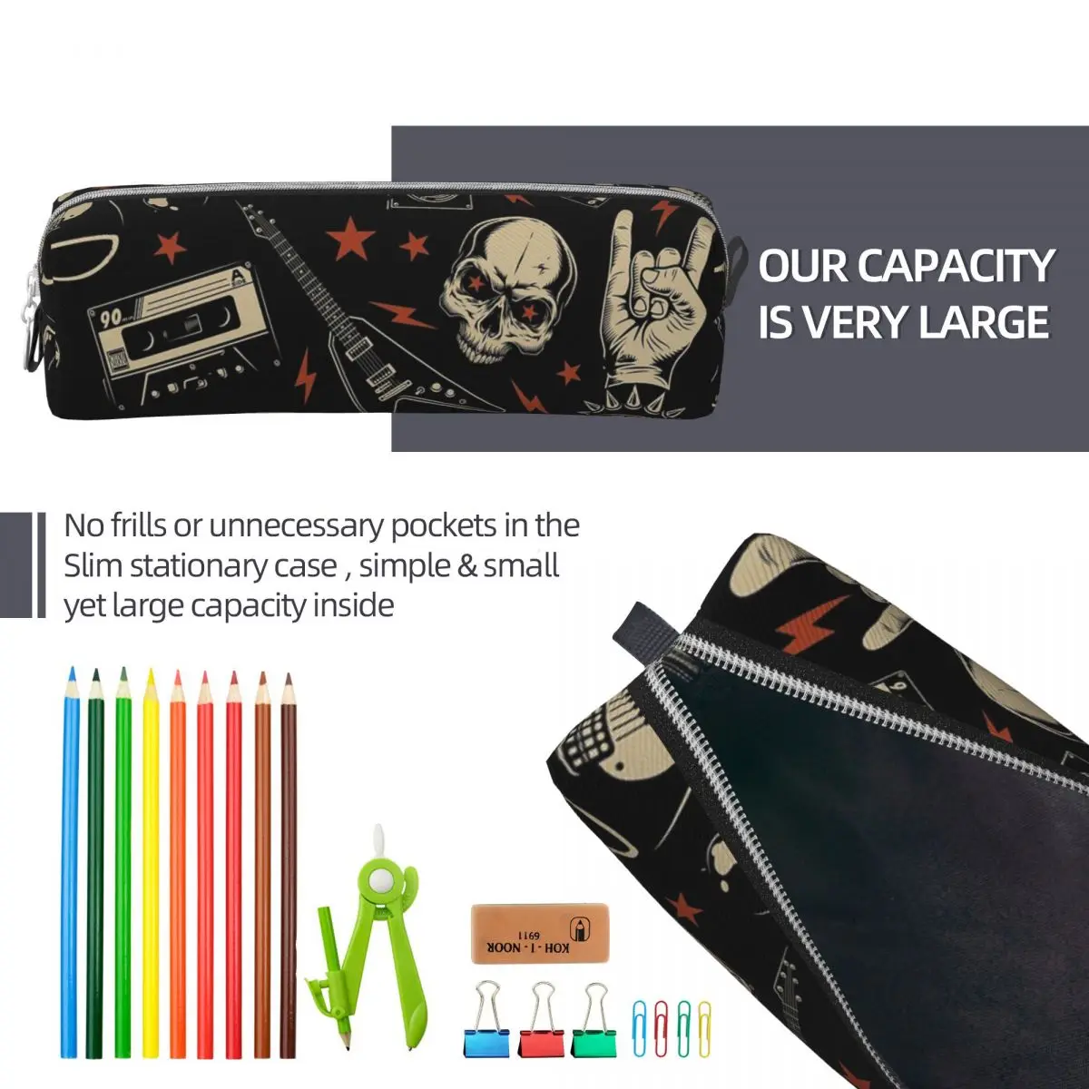 Astuccio per matite in metallo pesante retrò Fashion Rock Roll Music Pen Bag per studenti pencilcase cosmetiche per ufficio di grandi dimensioni