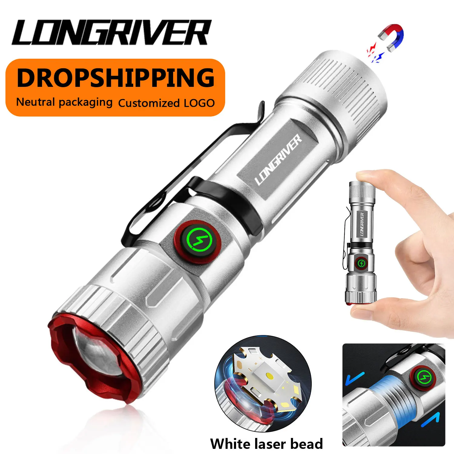 

LONGRIVER AA EDC Flashlight 800 Lumens High CRI90 USB-C Rechargeable Small Pocket LED Torches Zoom Flashlights Tail Magnet