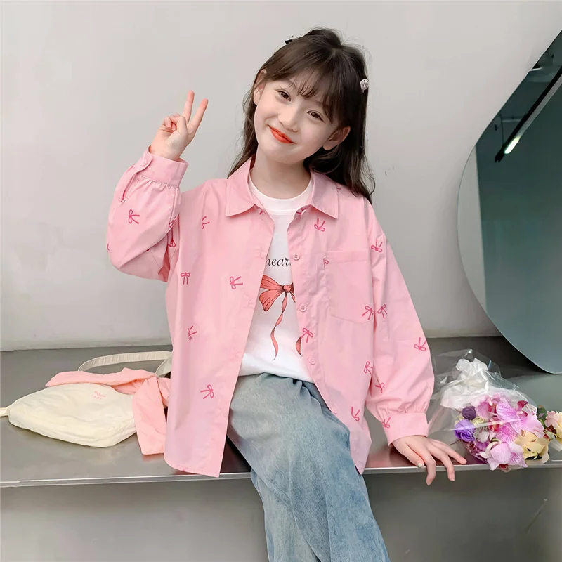 Girls Print Coats New Style Kids Bowknot Shirt Cardigan Thin Top Autumn Casual OuterWear Children Clothes 2-8 Years