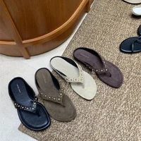 Women's Studded Suede Flip Flops, Square Toe Slip-on Sandals, Comfortable Casual Summer Footwear for Street Style