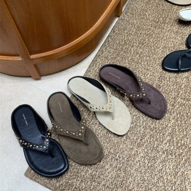 Women's Studded Suede Flip Flops, Square Toe Slip-on Sandals, Comfortable Casual Summer Footwear for Street Style