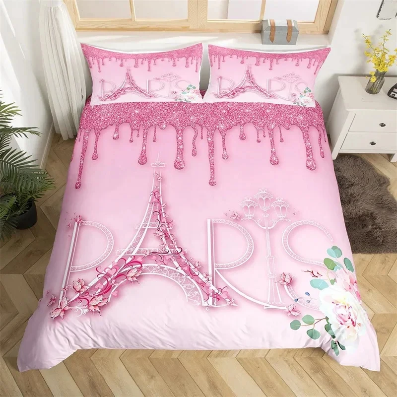 Paris Duvet Cover Set Eiffel Tower Bedding Set Queen Polyester Romantic French Flower Quilt Cover For Girl Teen Women Room Decor