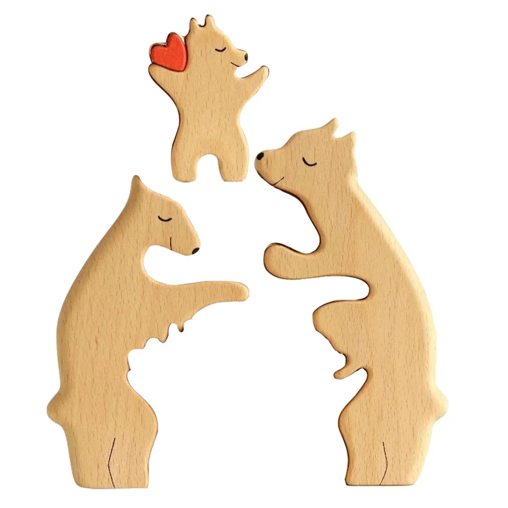 3pcs Patung Dekoratif Beruang Kayu Ibu dan Bayi untuk Meja Dekorasi Rumah, Kerajinan Hewan, Ornamen Meja