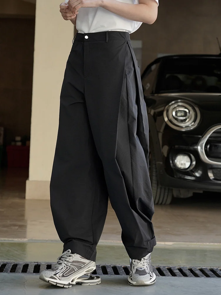 [EAM] High Waist Black Pleated Wide Leg Casual Pants New Loose Fit Trousers Women Fashion Tide Spring Autumn 2024 1DF6693