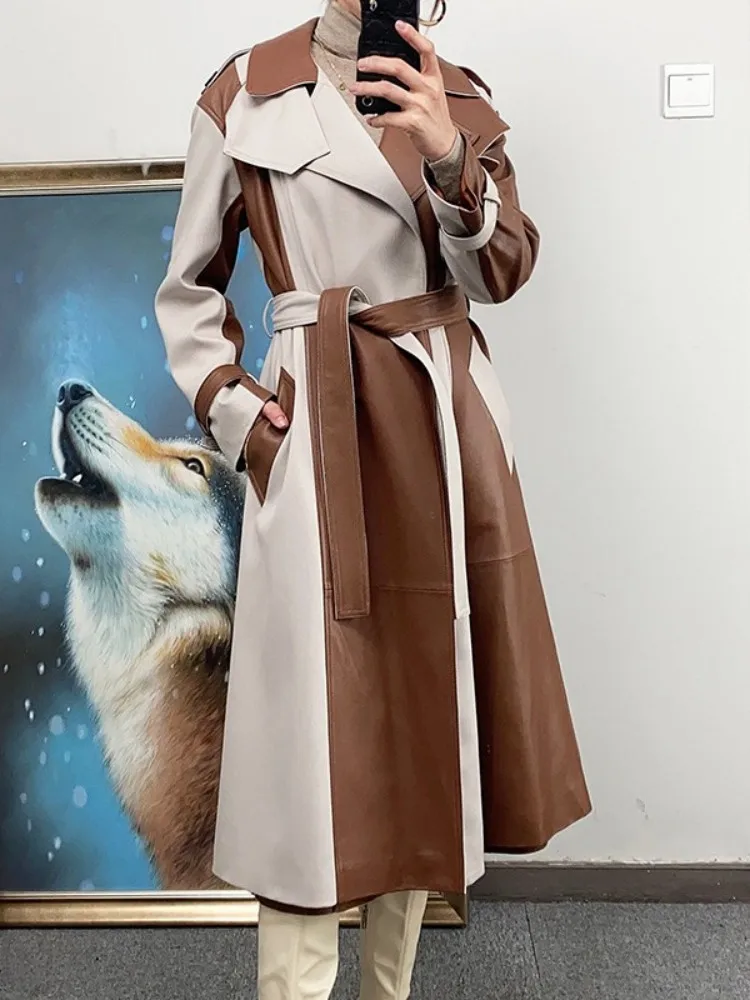 Office Ladies Colors Panelled Patchwork Genuine Leather Long Jacket Belt High Street Windbreaker Coat Women Sheepskin Overcoat