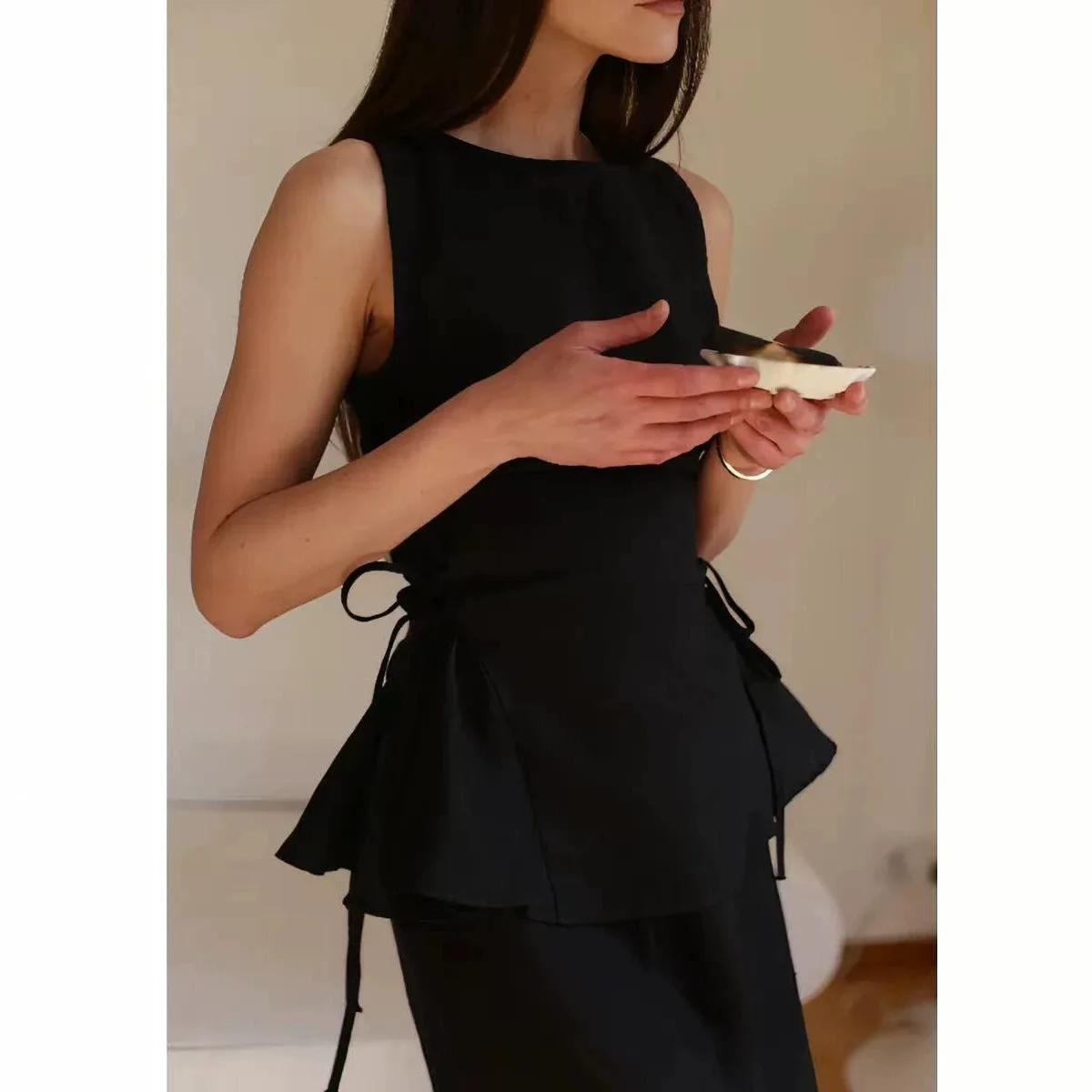 2026 Summer Fashion Lady Suit Elegant Women's Linen Set O-neck Sleeveless Side Lace Up Top Slim Hip Package Skirt Female Sets