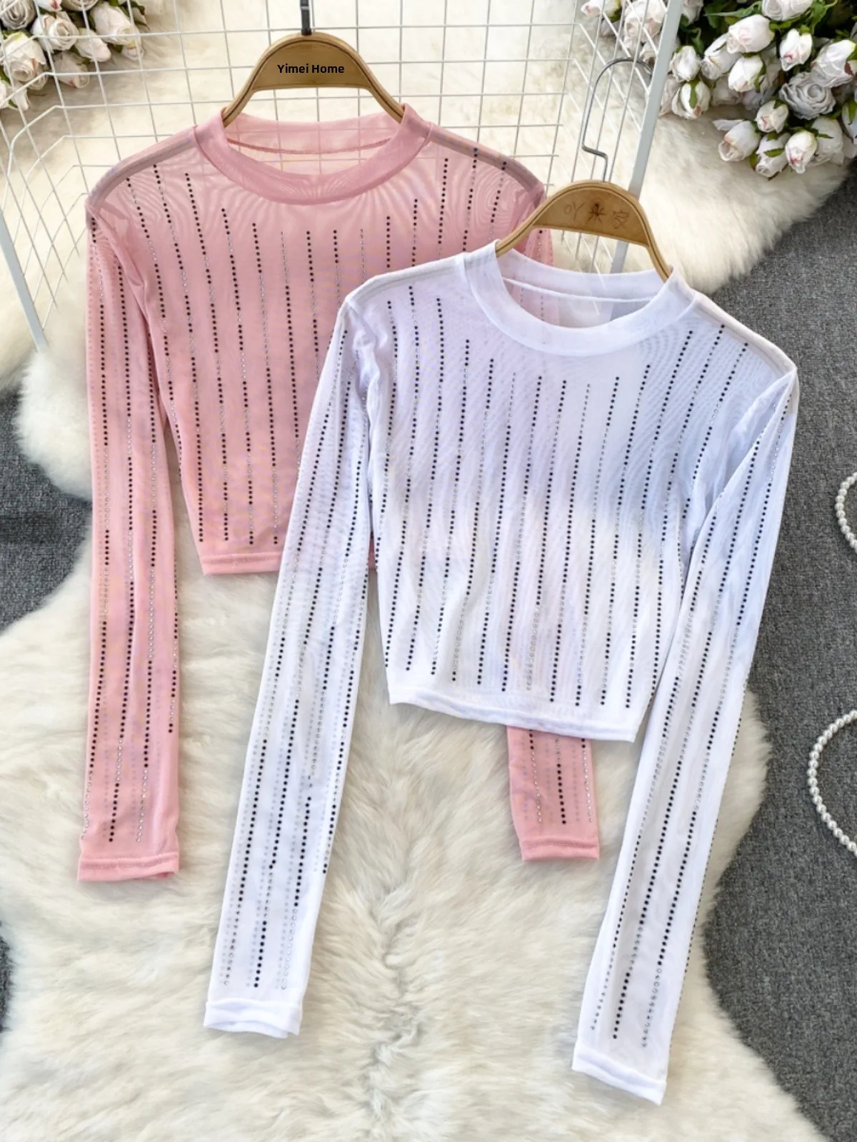 Sun Protection Mesh Shirt Women's Short Sleeve Long Sleeve round Neck Hollow out Design Korean Style Sweet And Spicy Top