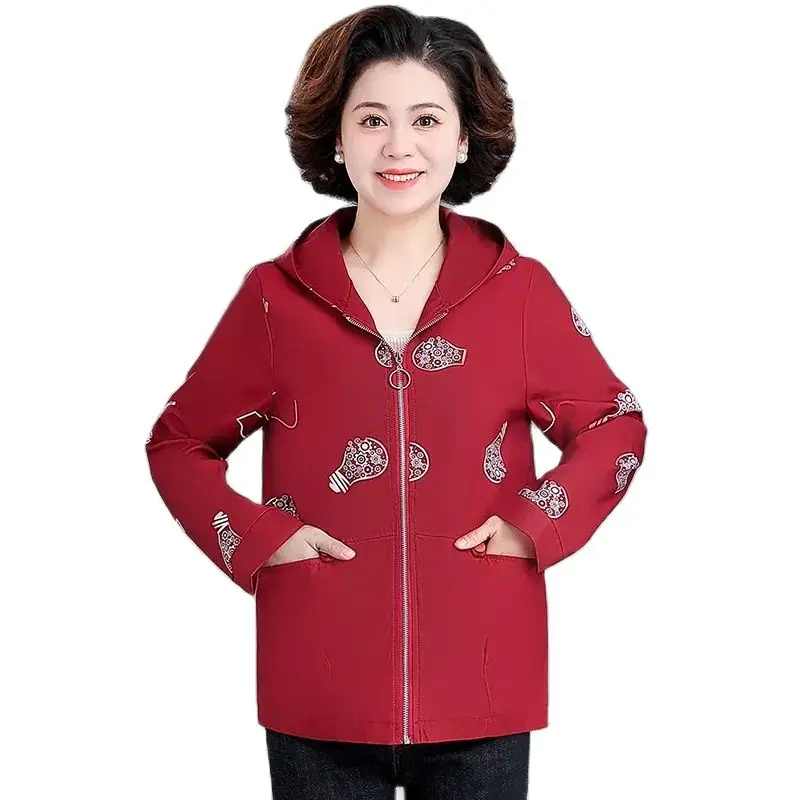 

Spring Autumn Red Large Size 2023 New Middle-aged Elderly Womens Spring And Autumn Hooded Old Lady Windbreaker5xl