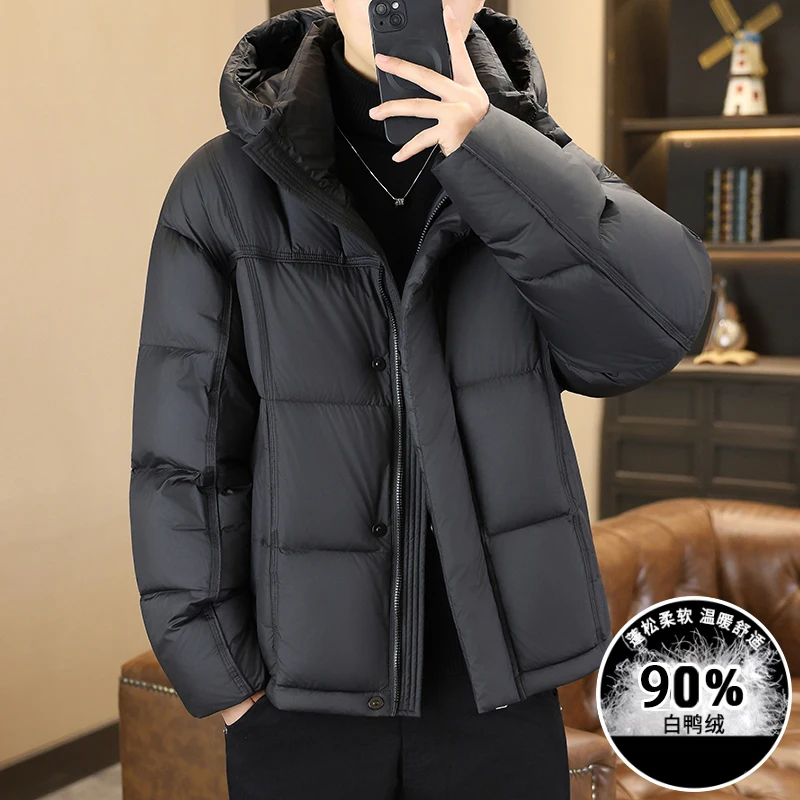 

High Quality Men's Warm Hooded 90% White Duck Down Jackets Winter Solid Color Windproof Puffer Coats Outwear Thick Padded Tops