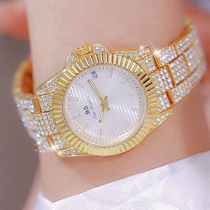 

Middle East Full Diamond Luxury 32mm Large Gold Watch for Ladies Stainless Steel Waterproof Quartz Calendar Business Watches