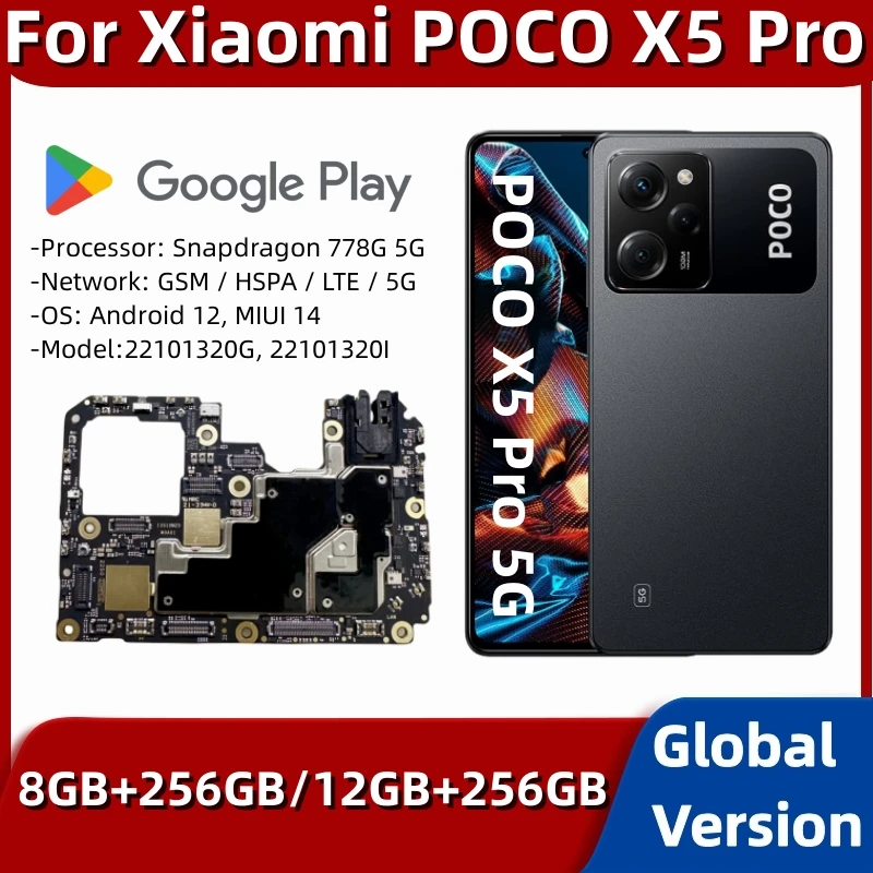 Motherboard for Xiaomi-POCO X5 Pro, Unlocked 5G Mainboard, 256GB Main Board, Global Version, Google Playstore Installed