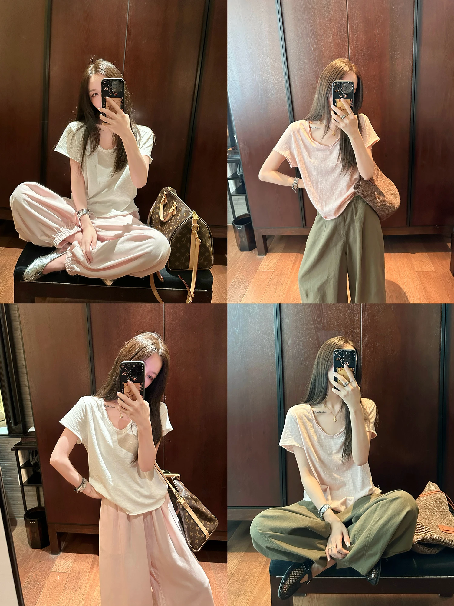 

Loose Casual Short Sleeve V-Neck Double Layer Collar Slimming Short T-Shirt for Women Cotton Material Comfortable Fit T-Shirt