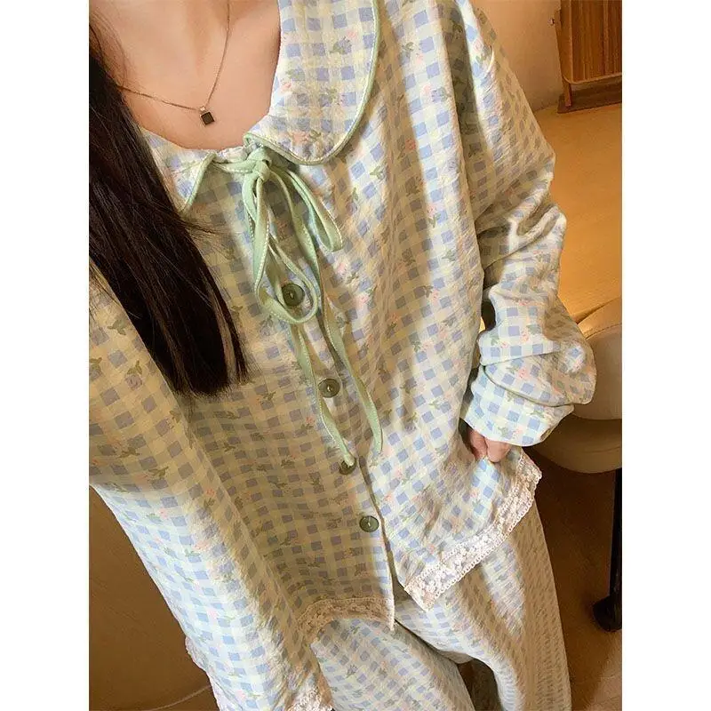 

Женский пижамный комплект, модная домашняя одежда, пижамы с длинными рукавами, хлопковые пижамы для женщин, домашние пижамы с цветочным принтом, в клетку, с воротником-стойкой, в корейском стиле