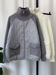 Autumn Winter Knitting Patchwork Cotton Jacket Women Jacket Stand Collar Long Sleeve Cardigan Pockets Solid Office Lady Jacket