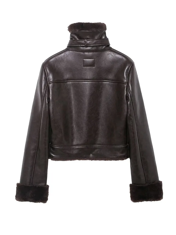 Damska elegancka dwustronna kurtka ze sztucznego futra, modna, z wysokim kołnierzem, zapinana na jeden guzik, z kieszeniami, zdobiona, z długim rękawem, ciepły płaszcz zimowy.