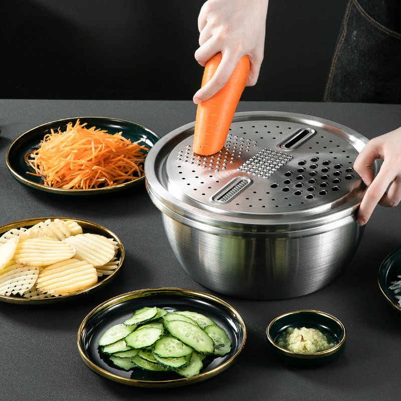 

Multifunctional 304 Stainless Steel Drain Basket Household Thickening Washing Vegetable Basin Creative Grater Kitchen Gadgets