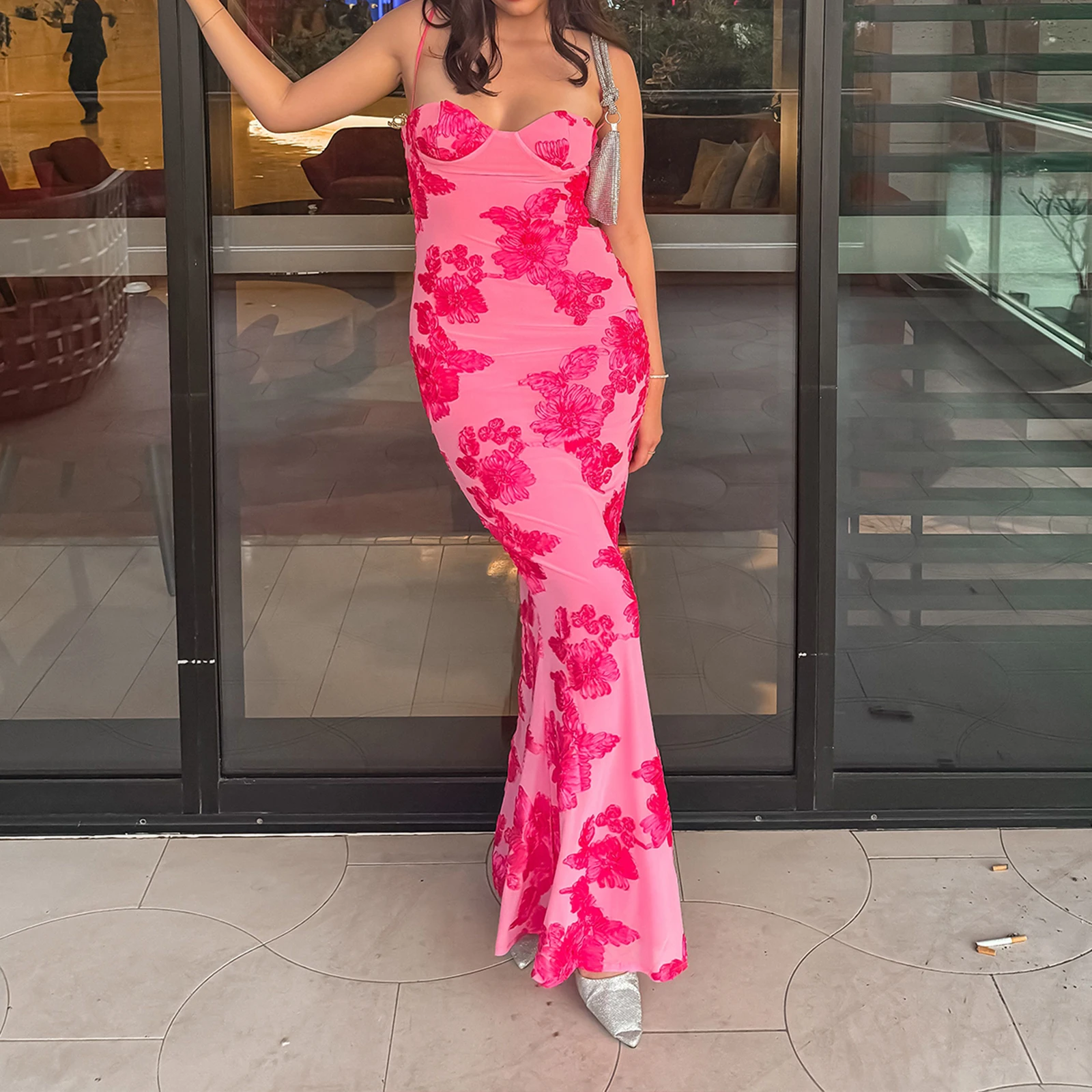 Mini abito da donna tinta unita/stampa floreale profondo scollo a V volant cinghie abito a trapezio abito estivo con allacciatura sul retro