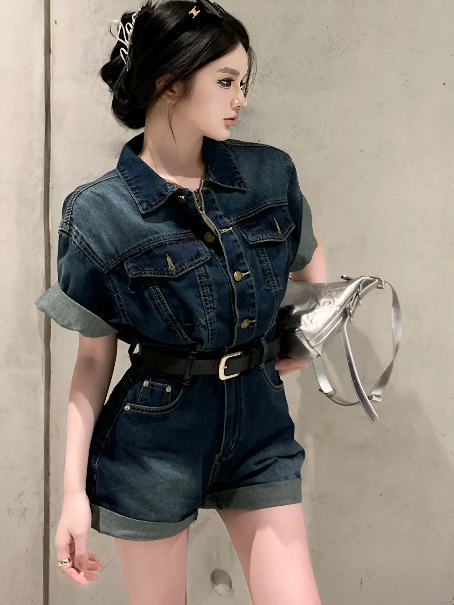 

Джинсовые комбинезоны Sli с поясом, женские прямые брюки с манжетами и широкими штанинами, крутая рабочая одежда с высокой талией, цельный костюм