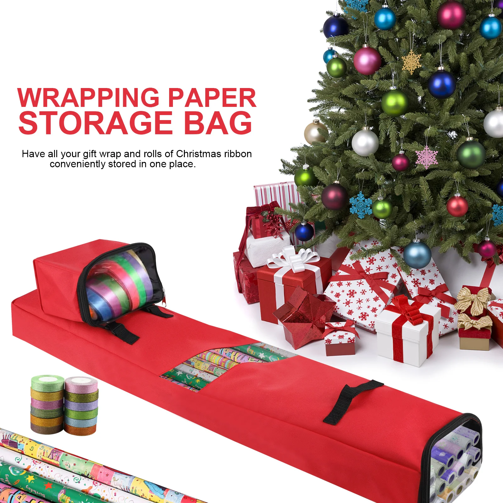 

Christmas Storage Bag Wrapping Paper Storage Bag Rolls And Ribbon Holder Heavy Duty Tear Proof Xmas Gift With 2 Clear Pocket