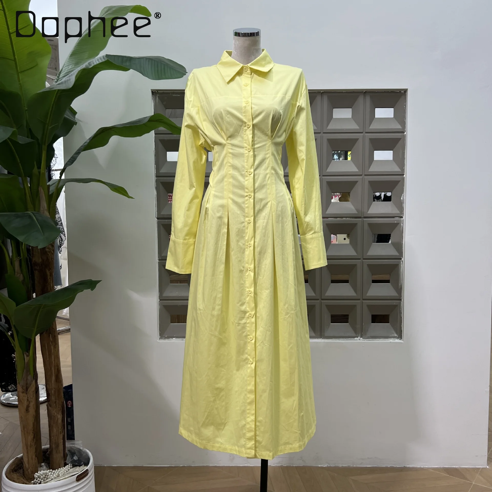 Französisch Elegante Mode Revers Langarm Einreiher Hemd Kleid Frauen Pendler Temperament Hohe Taille Schlank Mid-länge Kleid