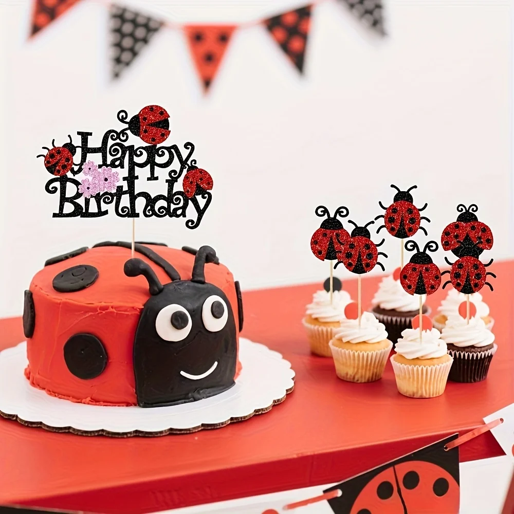 Ladybug Cupcake Toppers Flowers Insects Cupcake Picks Garden Theme Baby Shower Kids Birthday Party Cake Decorations Supplies - view 3
