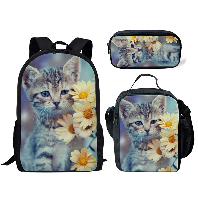 Sacos escolares com estojo de lápis, desenho de desenhos animados, aquarela, estampa de gato bonito, mochilas escolares para meninas universitárias, animais