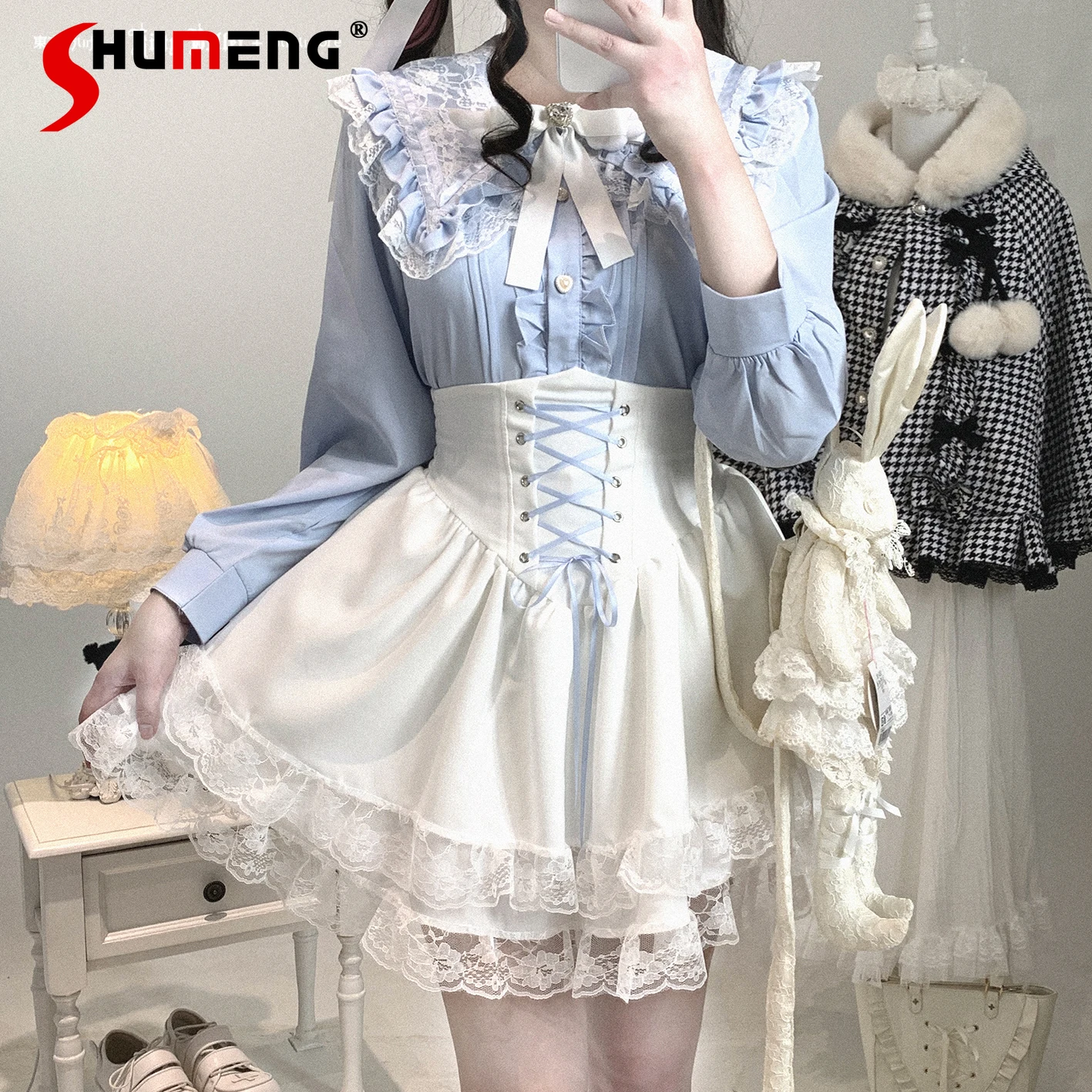 

Оригинальная синяя рубашка с длинными рукавами Mine Sweet Lolita, весна-осень 2023, женские облегающие кружевные блузки с отложным воротником для девочек, топы