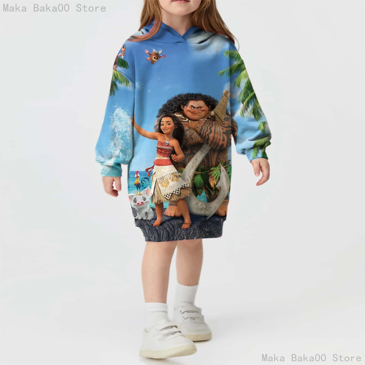 Disney Moana Moana Hooded Sweater Dress Printed Girls New Casual Sports Cartoon Street Style Children's Dress