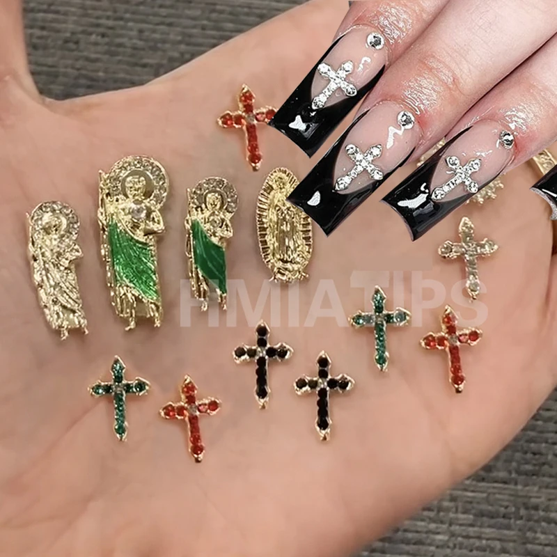 สีชมพูร้อน10Pcs Cross เล็บ Charms Luxury Alloy Cross DIY Glitter 3D เล็บการตกแต่งศิลปะเครื่องประดับหัตถกรรม Rhinestone อุปกรณ์เสริม