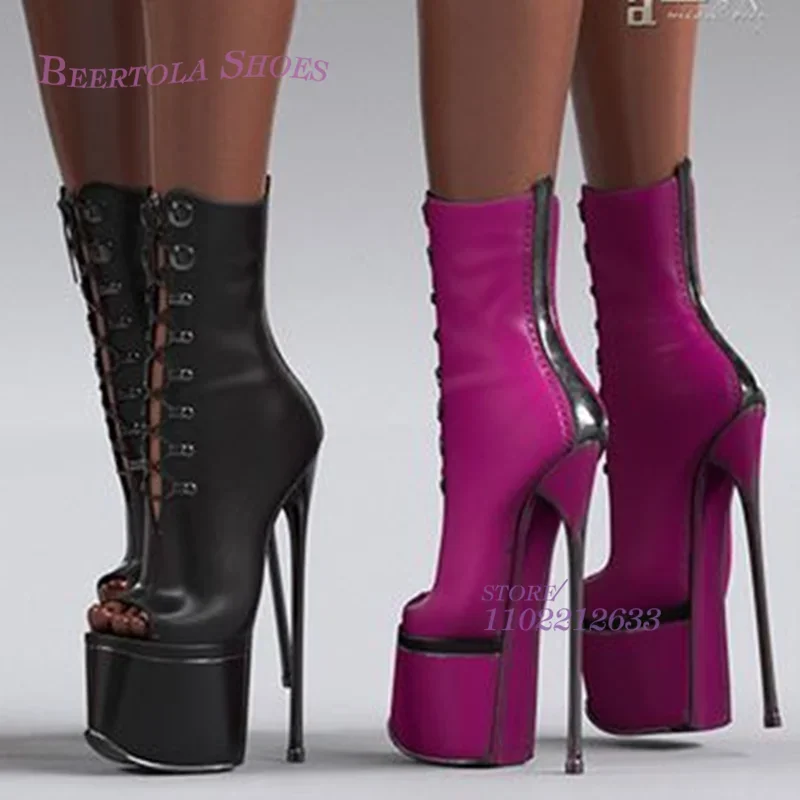 Tacones de 15Cm, botines ajustados de encaje rosa brillante para mujer, sandalias abiertas con plataforma negra y Punta abierta, tacones de aguja para baile en barra, zapato Sexy