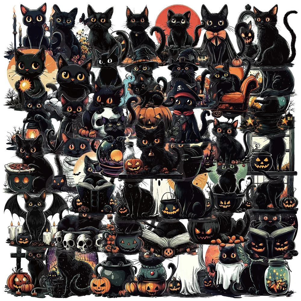 

10/30/50pcs Transparent Halloween Black Cat Cartoon Stickers Gothic Style Decals DIY Phone Skateboard Laptop Waterproof Sticker