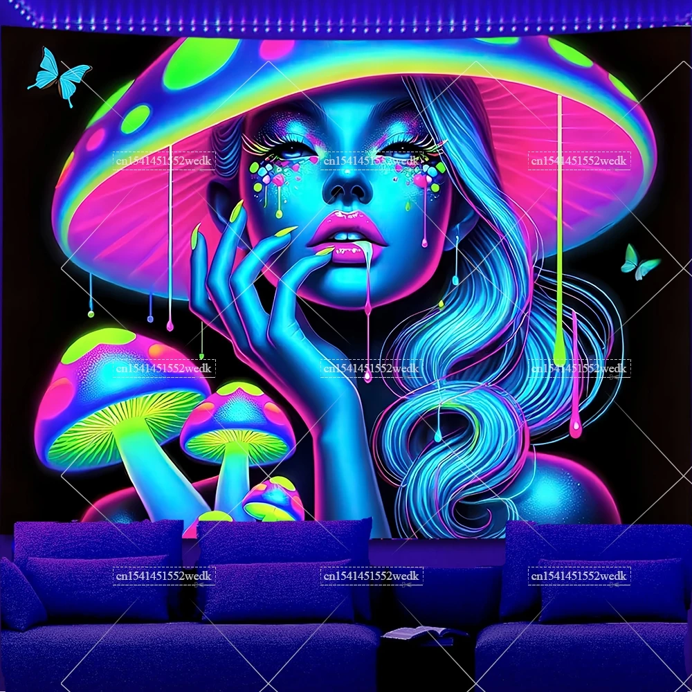 Mushroom Girl Blacklight Tapestry UV Reactive Butterfly Moon Galaxy Fluorescent Tapestrys Room Decor Aesthetic Neon Tapestries
