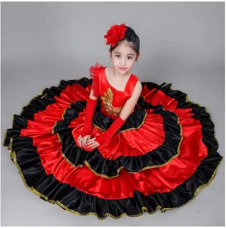 Spanish Costume Girl Long Red Flamenco Dress Ballroom Skirt For Girls Child Dance Dresses Costumes For Kids Clothes