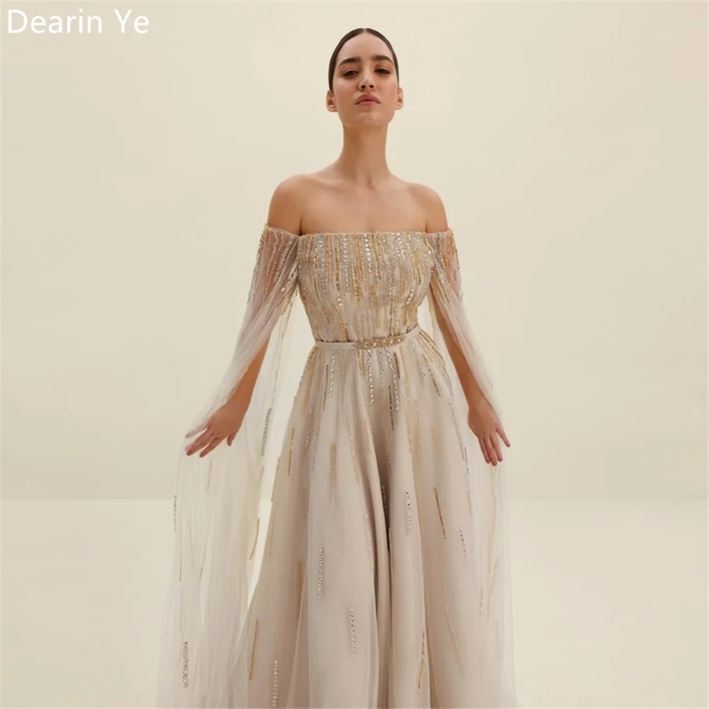 

Customized Formal Gown Saudi Arabia Dearin Off-the-shoulder A-line Floor Length Skirts Draped Tulle Bead Bespoke Occasion Dresse