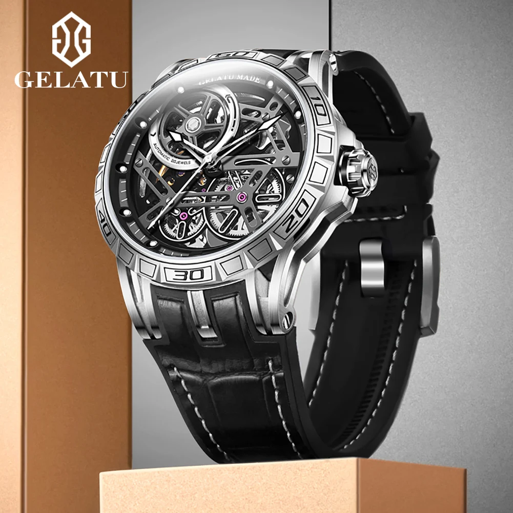 

GELATU Top Brand Men's Watches Trend Fashion Hollow Out Mechanical Flywheel Automatic Wristwatch Leather Strap Sapphire Mirror